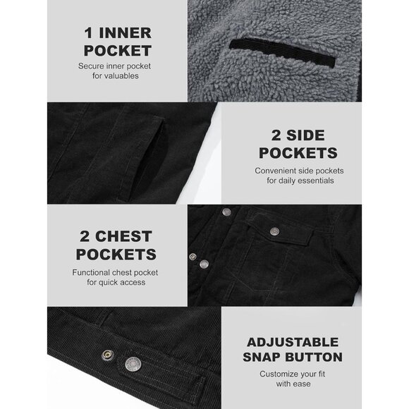 Mens Black Corduroy Jacket Sherpa Lined Warm Winter Trucker Cargo Coat - Picture 6 of 7